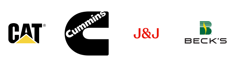 Logos for CAT (black and gold), Cummins (black), J&J (red, and Beck's (green, yellow, and black)