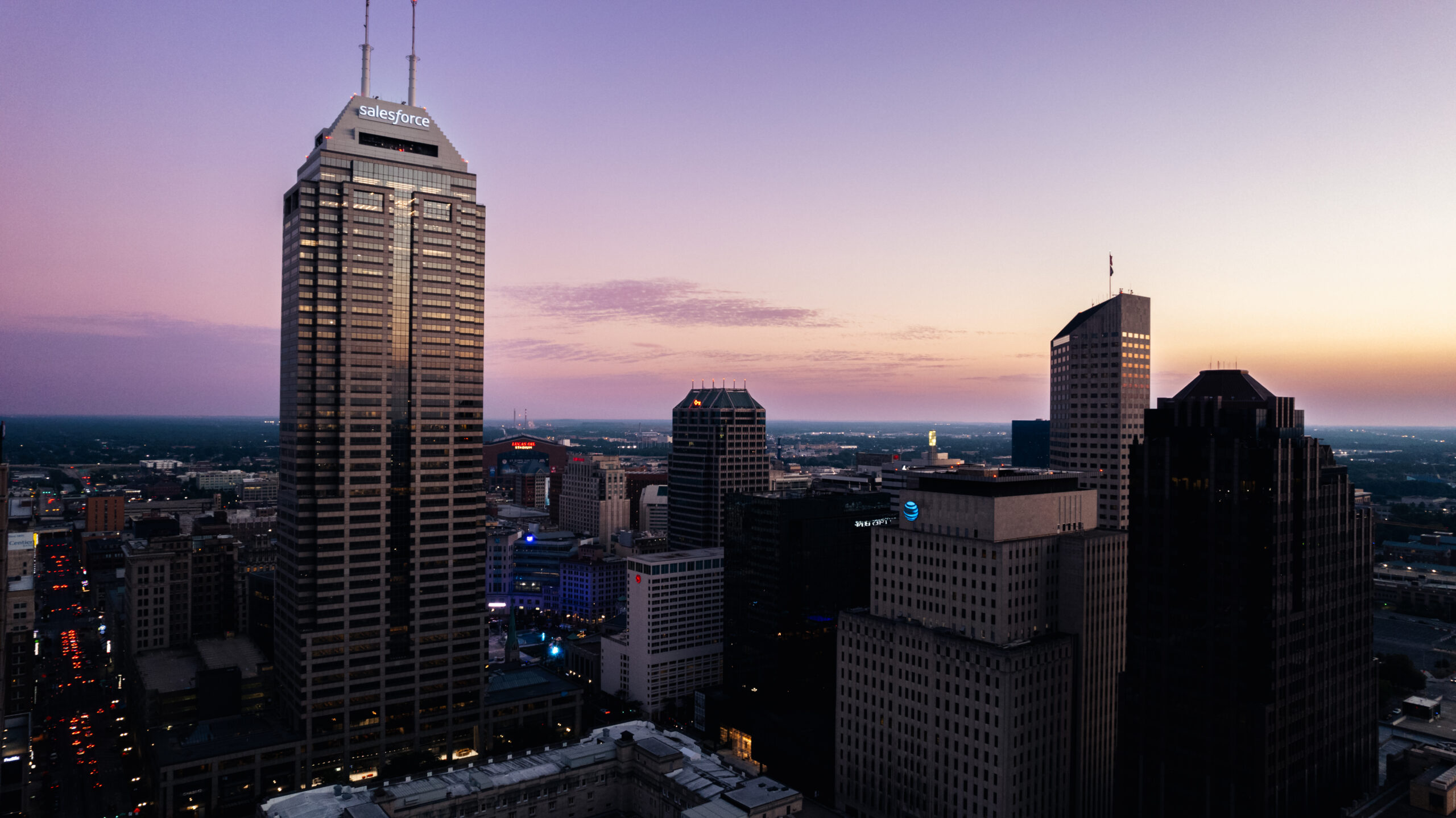 Indianapolis skyline at sunset, taken by a drone.