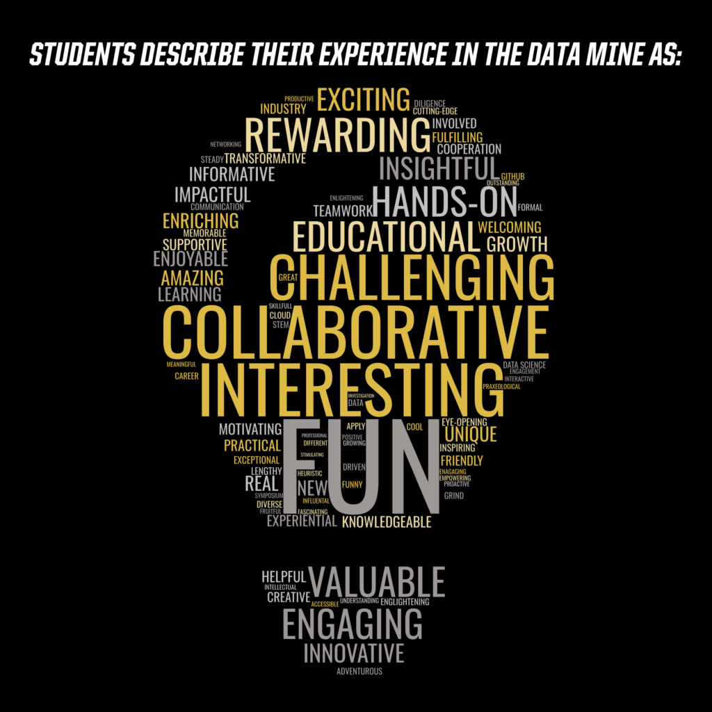A word cloud in the shape of a light blub. "Students describe their experience in The Data Mine as..." Collaborative, Interesting, Fun, Challenging, Educational, Rewarding, Hands-On, etc.